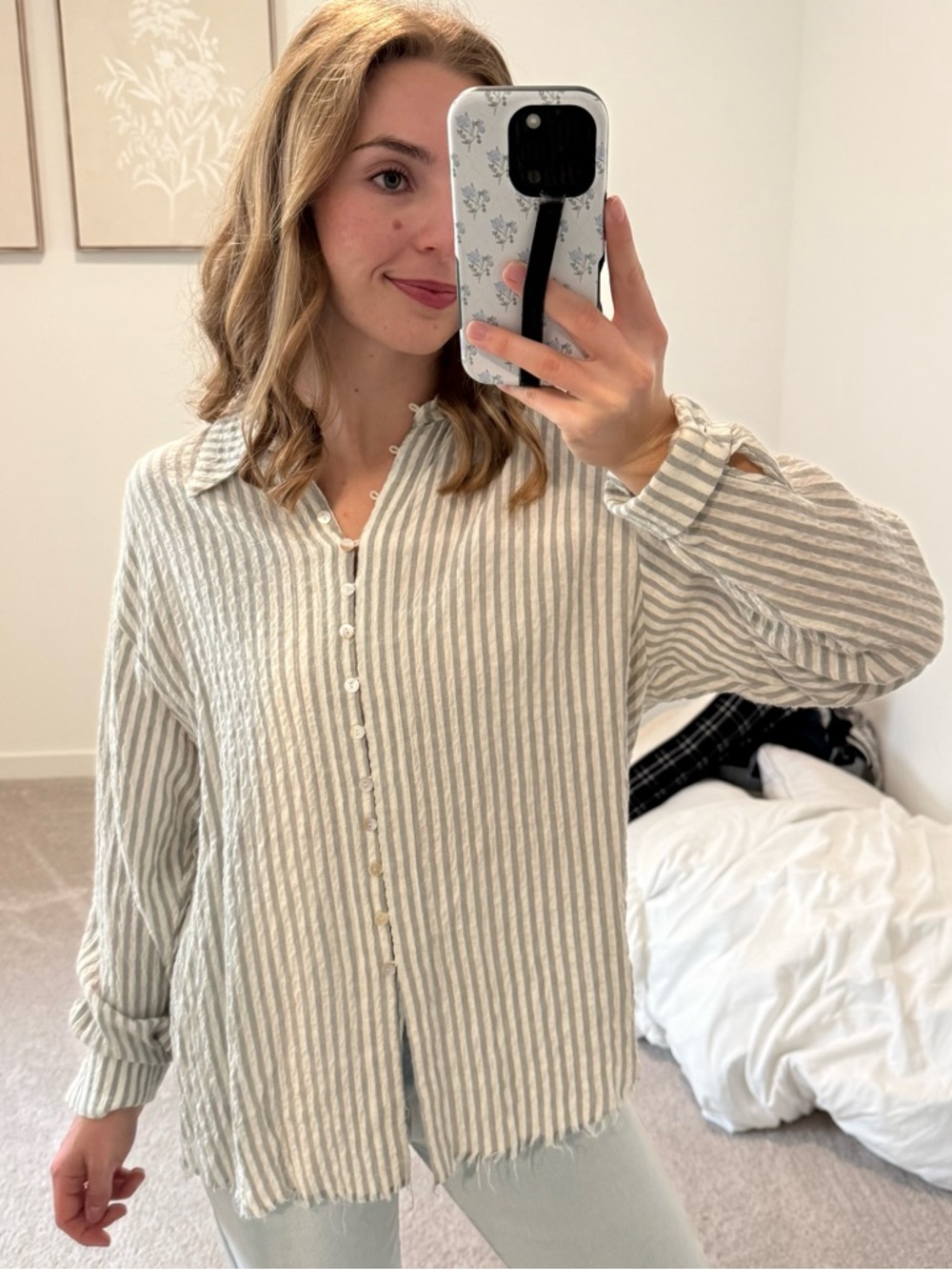 Miou Muse Small Striped Button-Up Long Sleeve Top in Light Gray